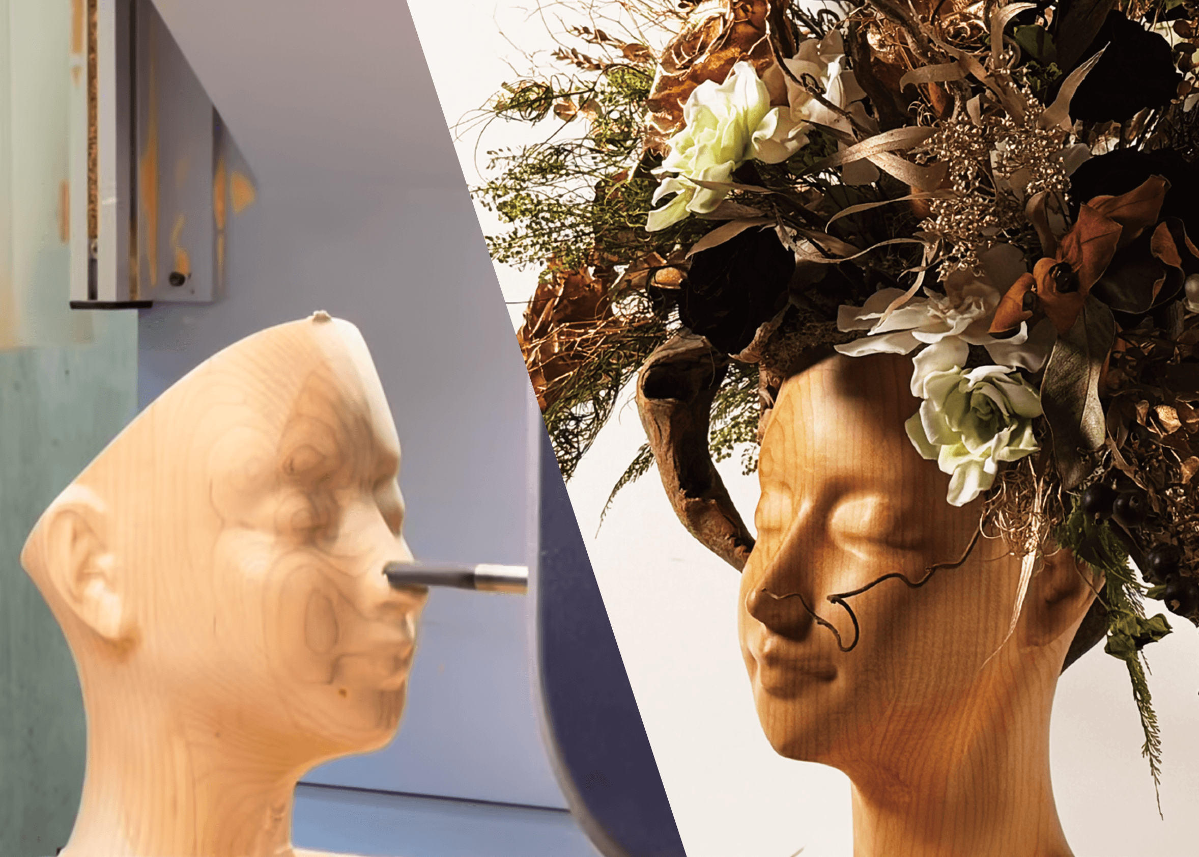 Machining the detailed contours of a wooden face, shown alongside a finished sculptural piece with floral decoration.